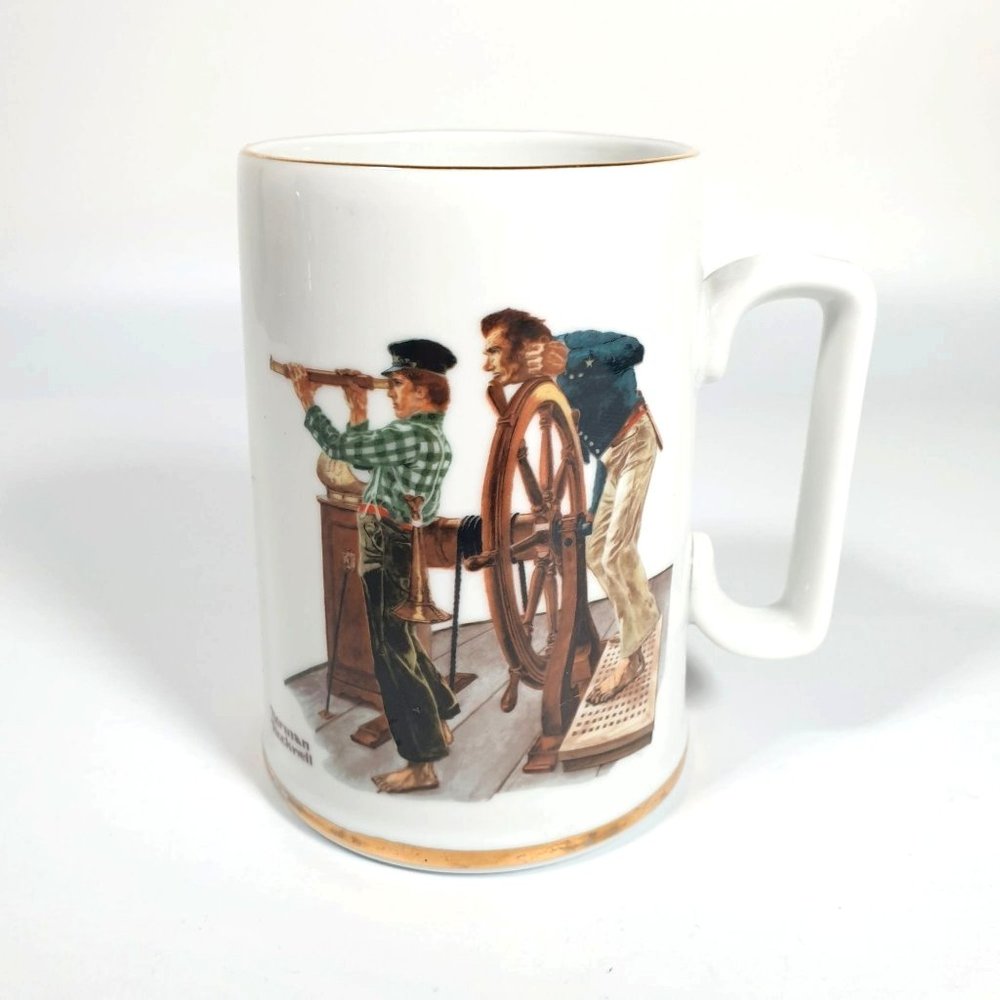 Norman Rockwell River Pilot Collectors Coffee Mug 1985 Museum Vintage Gold Rim